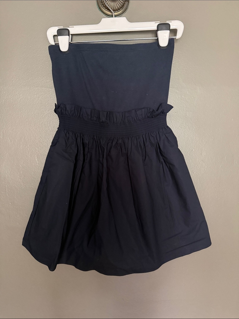 sundays Navy Blue Strapless Smocked Waist Mini Dress